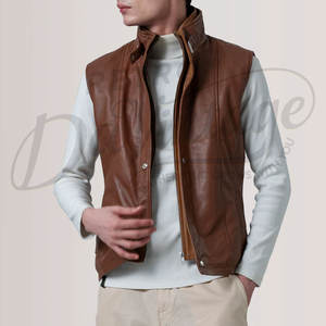 Chaleco de Cuero Genuino Marrón para Hombre, Corte Ajustado, Cuello Alto, Cierre de Cremallera, Sin Mangas, Estilo Casual y Moderno - Product Image 1