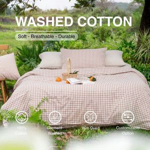 OEM ODM Bedding <b>Set</b> Premium Brown Pattern Gingham Cotton Washed Bedding <b>set</b> 4 PCS Cotton Bed Sheet 2 <b>Pillow</b> Case <b>Duvet</b> Cover - Product Image 1