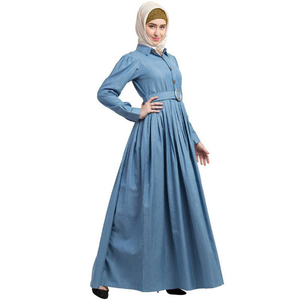 Robe longue plissée en jean premium sur mesure avec ceinture et boutons, manches longues, légère, en coton biologique, idéale pour l'été et les fêtes, pour femmes musulmanes. - Product Image 5