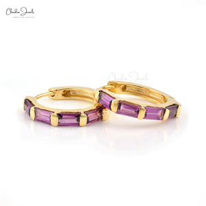 925 Sterling <b>Silver</b> 4X2MM Baguette Cut Garnet Gemstone Hoops Micron Plated Latch <b>Back</b> <b>Earrings</b> Minimal Jewelry for Women - Product Image 1