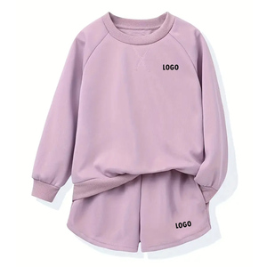 Ensemble sweat-shirt et short rose uni pour bébés filles, col rond, manches longues, décontracté, automne, ensemble de vêtements 2 pièces - Product Image 1