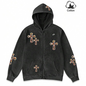 Sudadera con capucha vintage con cremallera y apliques de diamantes de imitación, de algodón polar, para hombre, fabricación de calidad de exportación para compradores globales - Product Image 2