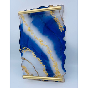 Wholesale Luxury White Flower <b>Epoxy</b> Resin Serving Tray With Gold Handles Decorative <b>Coffee</b> <b>Table</b> Centerpiece Vanity Platter - Product Image 4