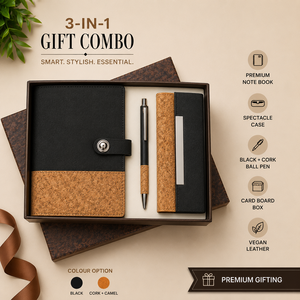 Set de Regalo Empresarial 3 en 1 de Cuero Vegano Personalizado: Cuaderno A5 de Tapa Dura, Bolígrafo, Estuche para Gafas, Planificador con Carga Inalámbrica, Regalo Personalizado - Product Image 1