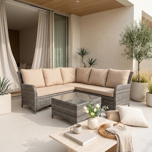 Modern Outdoor Rattan Sofa Set Glass Table UV-Resistant Waterproof Washable Eco-Friendly Cushions for Garden Patio Furniture - Product Image 1