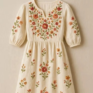 Vestido midi de algodón con bordado floral a mano en tela crema premium, elegante, con mangas abullonadas y cuello en V para mujer. - Product Image 1