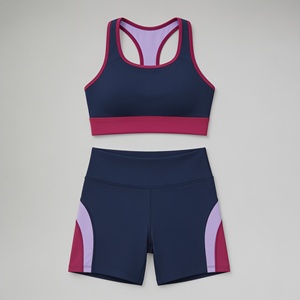 Ensemble 2 pièces de sport pour femme : Soutien-gorge dos nageur et short taille haute, color block, bordures contrastées, sans coutures, pour yoga et activités sportives - Product Image 1