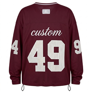 Ropa deportiva personalizada, camiseta de fútbol americano, color granate, poliéster, malla, manga larga, cuello en V, atlética, deportiva, transpirable, corte holgado. - Product Image 2