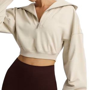 Sweat-shirt court en tissu de coton léger pour femmes OEM fermeture éclair quart col côtelé large capuche épaule tombante ourlet côtelé pour l'hiver - Product Image 3