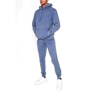 Custom Hot Selling <b>Pullover</b> Acidwashed Blue Color Sweatsuit Sets <b>Men</b> Patch Acid Wash Hoodie and Sweatpants Set Tracksuit for <b>Men</b> - Product Image 1