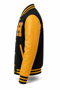 Chaqueta Varsity Unisex Negra con Parches Amarillos, Letra H Bordada en la Parte Delantera, Manga de Lana/Poliéster, Cuello Camisero, Corte Regular - Product Image 3
