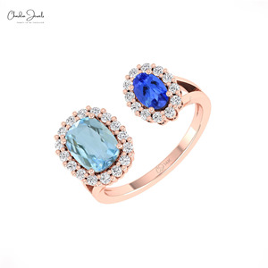 Nuevo Anillo de Doble Halo con Aguamarina y Tanzanita de Corte Cojín de 8x6mm en Oro Sólido de 14K, Fabricante de Joyería ODM - Product Image 3