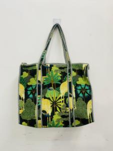 Black Green Botanical Quilted Cotton <b>Boho</b> Tote <b>Bag</b> with Drawstring Closure Large Size for Women's Travel & Market Use - Product Image 1
