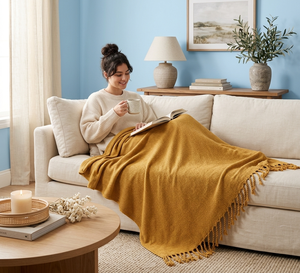 Manta de invierno con borlas color mostaza, suave funda de cojín con flecos para sofá, ropa de cama de algodón orgánico, textil decorativo portátil para el hogar. - Product Image 2