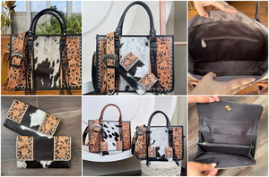 Fashion Ladies High Quality 2 Piece Combo Set Hand Tooled Leather <b>Tote</b> Handbag & Hand Tooled Cowhide Leather Clutch for Women's - Product Image 3