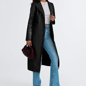 Ladies Vintage Long Style Belt Design Fish Leather Trench Coat with Fox Windproof Wholesale Custom Women Coat - Product Image 4