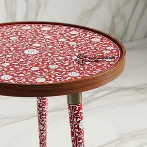 Red Meena Floral Design <b>Round</b> Wooden Side Table – Handcrafted Decorative Accent Table for Living Room & Bedroom - Product Image 3
