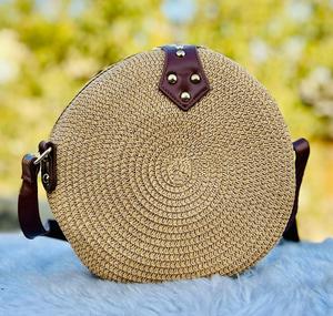 Round Rattan Messenger Bag Woven Straw Handbag <b>Leather</b> Strap Shoulder Purse for Holiday Beach Travel - Product Image 3