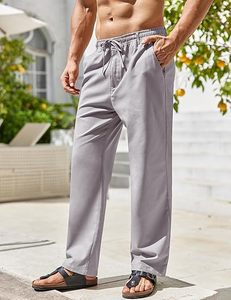 Pantalon décontracté en lin gris pour homme, taille élastique avec cordon de serrage, coupe droite, léger et respirant, idéal pour l'été, avec poches latérales - Product Image 2