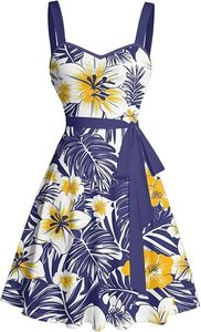 Vestido de Verano para Hombre, Transpirable, de Poliéster, con Estampado Floral, Cuello Cuadrado, Cintura con Lazo, Corte en A, Midi, Azul Marino, Tropical - Product Image 3