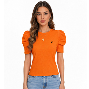 Camisas de mujer con mangas abullonadas personalizadas, top texturizado acanalado de moda, blusa de algodón con cuello redondo y manga corta plisada tipo 'leg of mutton'. - Product Image 1