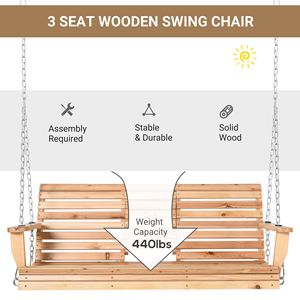 Dondolo da Giardino a 3 Posti in Legno con Cuscini Impermeabili, Capacità 200 kg, con Tavolino Pieghevole e Portabicchieri, Colore Naturale - Product Image 4