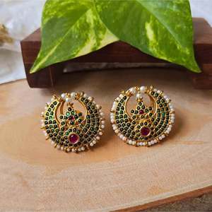 18K Gold Plated Stainless Steel Half Moon Stud Earrings with Zircon and Pearl - Product Image 1