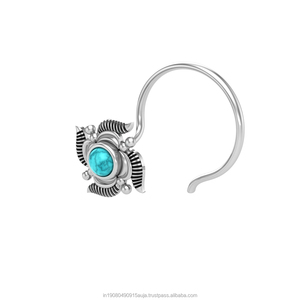 Pendiente de Nariz con Turquesa en Forma Redonda de Plata de Ley 925, Estilo Indio, para Mujeres y Niñas - Product Image 2