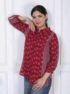 Elegante Blusa Casual para Mujer, Color Granate, Estampada, con Cuello y Botones en la Parte Delantera, Diseño Geométrico en el Panel Lateral, 100% Algodón, Corte Holgado - Product Image 5