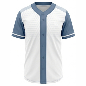 Maillot de baseball personnalisé pour homme, blanc et bleu, imprimé géométrique, manches courtes, anti-humidité, boutons sur le devant, vêtements de sport pour adultes - Product Image 1