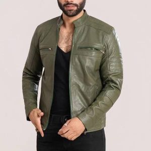 men's black quilted <b>leather</b> bomber <b>jacket</b> with <b>brown</b> Men's Green Cafe Racer Biker <b>Leather</b> <b>Jacket</b> - Product Image 2