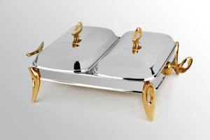 Wholesale Luxury Twin Compartment Stainless Steel Chafing Dish Double <b>Pan</b> Buffet Food Warmer Catering Serving Station Gold Accen - Product Image 1