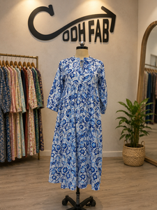 Vestido Maxi Floral Azul para Mujer, Manga Larga, Corte en A, Casual, con Botones al Frente, Cintura Alta, Uso Diario, Lavable, Estilo Boho, Formal, para Fiesta, Bonito - Product Image 1