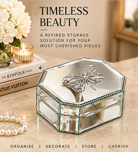 Premium <b>Mirror</b> Glass Jewelry Box Octagonal Shape Butterfly Accent Decorative Keepsake Gift Storage Organizer - Product Image 4