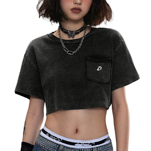 Summer Casual Dark Grey Cropped Tee Custom Vintage Aesthetic Distressed Texture Apparel Punk Style <b>Tops</b> Garments Women's Shirts - Product Image 1