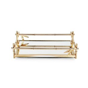 Gold Plated Rectangle Mirrored Storage Tray With <b>Bamboo</b> Design Oriental Style Single Tier For <b>Table</b> Use - Product Image 4