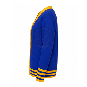 Cárdigan de punto acrílico transpirable con cuello en V para mujer, de manga larga, con botones frontales y bordado, de la hermandad griega Sigma, en azul y amarillo. - Product Image 2