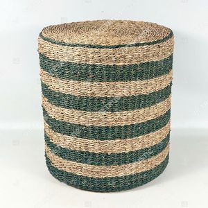 Puf cilíndrico y reposapiés de junco marino tejido a rayas, diseño artesanal moderno, tamaño y color personalizables - Product Image 4