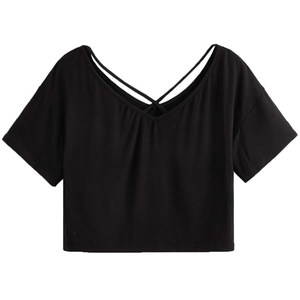 <b>Women's</b> <b>Black</b> Solid Woven Cross Strap <b>Crop</b> T-Shirt Loose Fit Short Sleeve O-Neck Casual Summer <b>Top</b> - Product Image 1