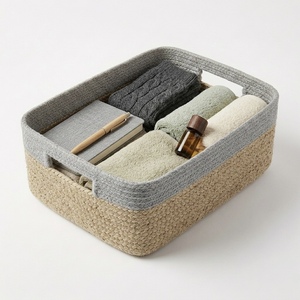 Eco Friendly Handwoven Water Hyacinth <b>Storage</b> <b>Baskets</b> with Gray Cotton Rim Rectangular Seagrass Organizer Bins for Home Decor - Product Image 6