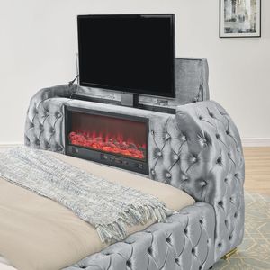 Lussuoso Comfort: Letto Queen Size con Testiera Profondamente Trapuntata, Design Innovativo, Rivestimento in Velluto Grigio, Televisore Elettrico Integrato - Product Image 2
