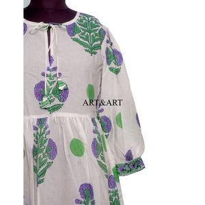 Vestido de mujer sencillo para el trabajo, con estampado floral y borlas, de algodón, corte A, manga abullonada, cuello redondo, vestido corto de algodón ecológico. - Product Image 6