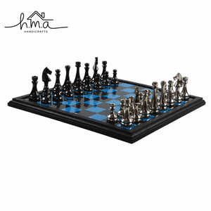 Luxury Brass Modern <b>Chess</b> Set with Black and Blue Square <b>Board</b> Decorative Handmade Tabletop Strategy <b>Game</b> - Product Image 1