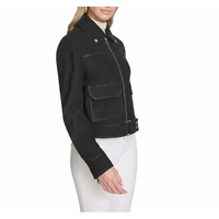 Veste de moto courte en cuir véritable noir jet pour femme Leathertex, taille XS, saison hiver, doublure en nylon et daim de mouton