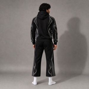 Ensemble de survêtement unisexe noir et gris délavé à l'acide, imprimé, 100 % coton, avec veste zippée à capuche et pantalon large pour un style décontracté et urbain - Product Image 4
