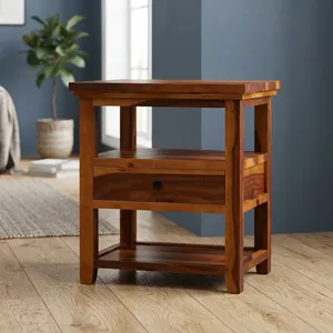 Table de chevet en bois massif Sheesham avec 1 tiroir et 2 compartiments de rangement, table d'appoint en bois pour chambre à coucher, salon - Product Image 4