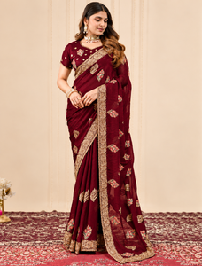 Vexotrend India Pakistan Premium <b>Velvet</b> Satin Traditional <b>Saree</b> for Women Embroidery Swarovski Wrinkle-Free Quick-Dry Wedding - Product Image 3