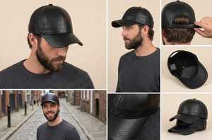 Black PU Leather Baseball Cap 6-Panel Fitted <b>Hat</b> <b>for</b> <b>Men</b> Casual Solid Color Four Seasons Wear - Product Image 6