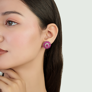 Los Productos Más Vendidos y Más Hermosos, Pendientes de Flor con Halo de Rubíes y Diamantes 100% Genuinos, Joyería de Oro Blanco Puro de 14K - Product Image 4