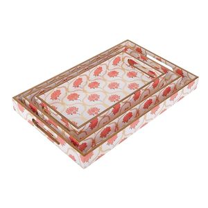 Plateau de service décoratif moderne à motif de lotus avec cadre en bois et poignée, design floral pour la salle à manger à domicile - Product Image 3